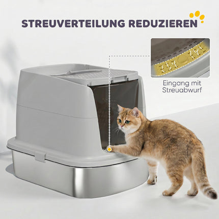 Stainless Steel Enclosed Cat Litter Box, Scoop Included