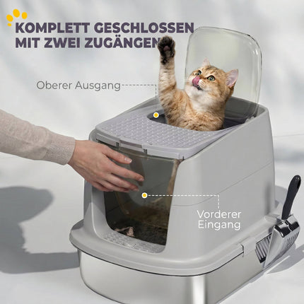 Stainless Steel Enclosed Cat Litter Box, Scoop Included