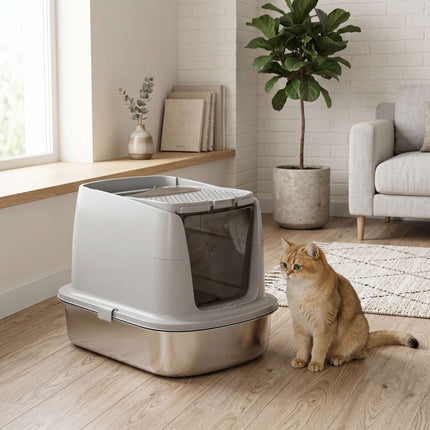 Stainless Steel Enclosed Cat Litter Box, Scoop Included