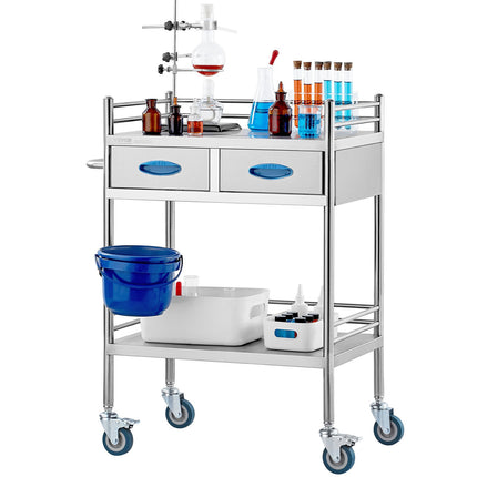 Stainless Steel Lab Cart, 2-Tier, 2 Drawers, Locking Wheels