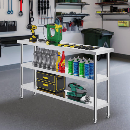 Stainless Steel Prep Table, 14 x 60 in, 3-Tier Shelf