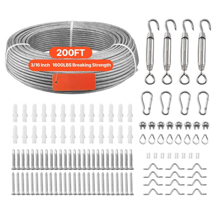 Stainless Steel Wire Rope Kit, 3/16 in x 200 ft, 1600 lb