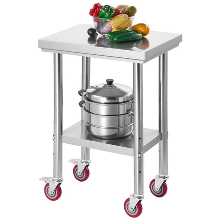 Stainless Steel Work Table 24 x 18 in, Wheels, Adjustable Shelf