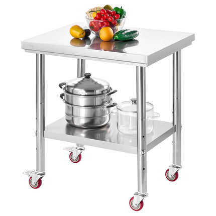 Stainless Steel Work Table 24 x 30 in, Wheels, Shelf