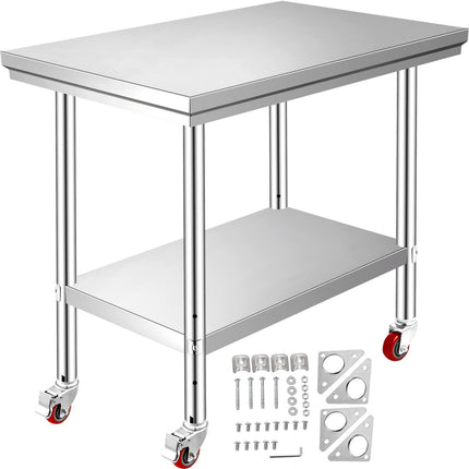 Stainless Steel Work Table 35 x 24 in, 4 Wheels, 700 lb