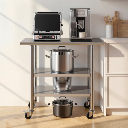 Stainless Steel Work Table, 36x24 in, 2 Shelves, Wheels