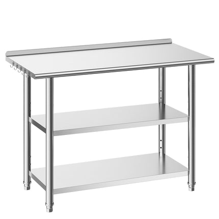 Stainless Steel Work Table 48x24 in, 2 Shelves, Backsplash