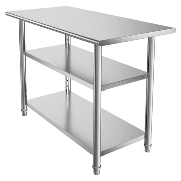 Stainless Steel Work Table 48x24 in, 2 Shelves, Hooks
