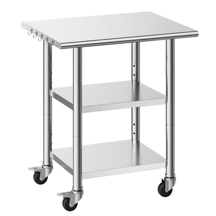 Stainless Steel Work Table 61x76 cm, 2 Shelves, Wheels