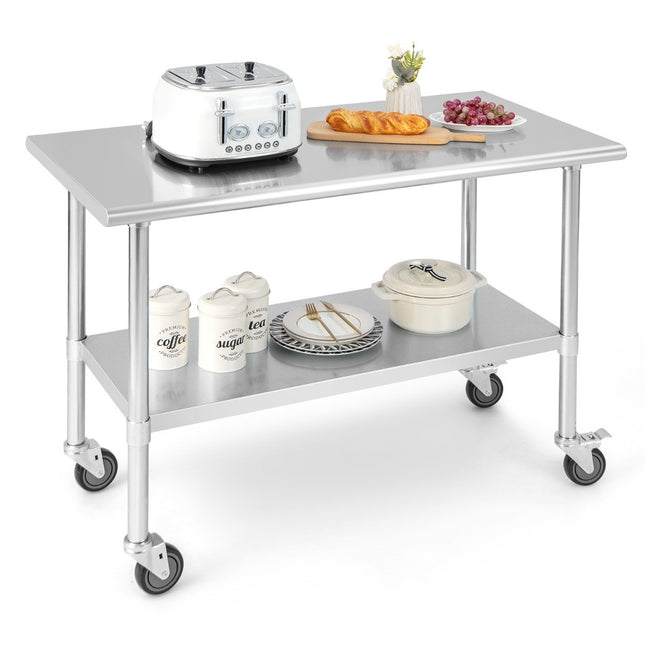 Stainless Steel Work Table with Wheels, Adjustable Shelf