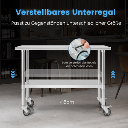 Stainless Steel Work Table with Wheels, Adjustable Shelf