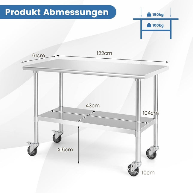 Stainless Steel Work Table with Wheels, Adjustable Shelf