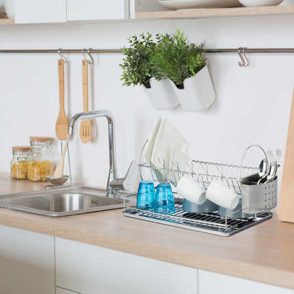 Stainless steel dish rack with glass holder