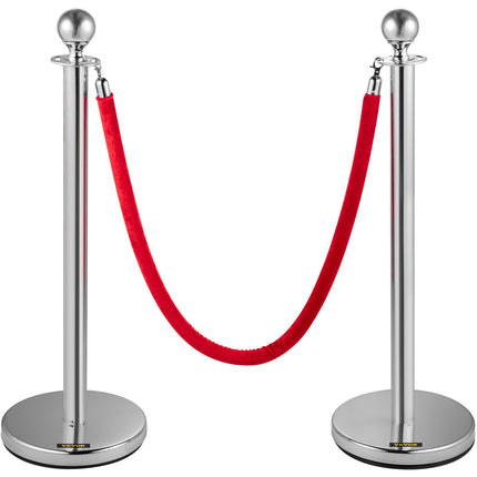 Stanchion Queue Barrier Posts, 4-Pack With 2 Red Velvet Ropes