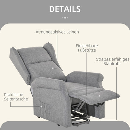Electric recliner with standing aid, gray linen