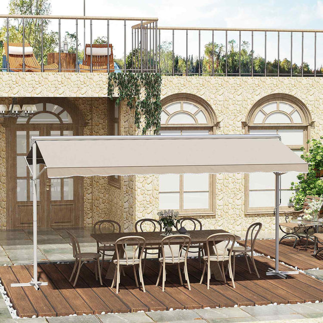Beige folding patio awning, crank operated, 4.5x3.4M