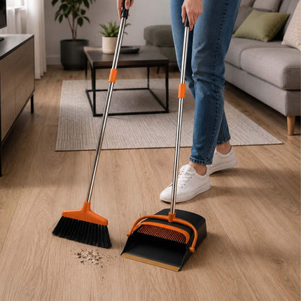 Standing Broom & Dustpan Set, Adjustable Handle, Black/Orange
