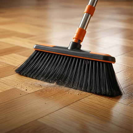Standing Broom & Dustpan Set, Adjustable Handle, Black/Orange