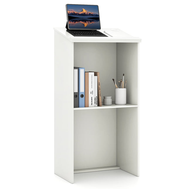 Standing Lectern with Shelf and Cable Management, White