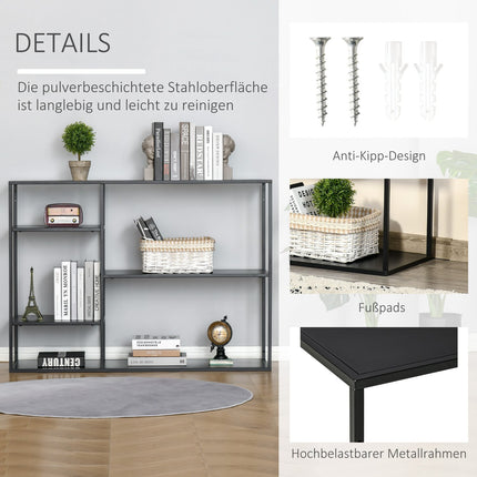 Standing metal bookcase with 5 open compartments, black