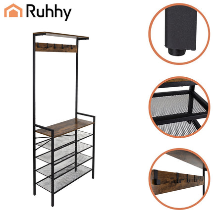 Standing Shelf with Hanger – Metal Frame, 4 Shelves, 5 Hooks