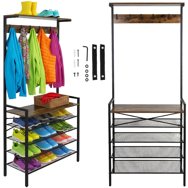 Staande plank met hanger - metalen frame, 4 planken, 5 haken