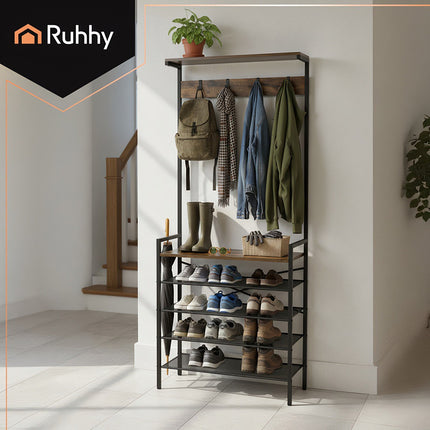 Standing Shelf with Hanger – Metal Frame, 4 Shelves, 5 Hooks