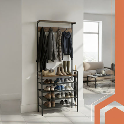 Standing Shelf with Hanger – Metal Frame, 4 Shelves, 5 Hooks