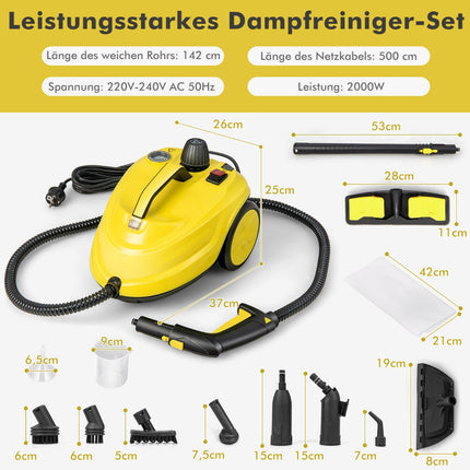 Steam Cleaner 2000W, 1.8L Tank, 13-Piece, Wheeled