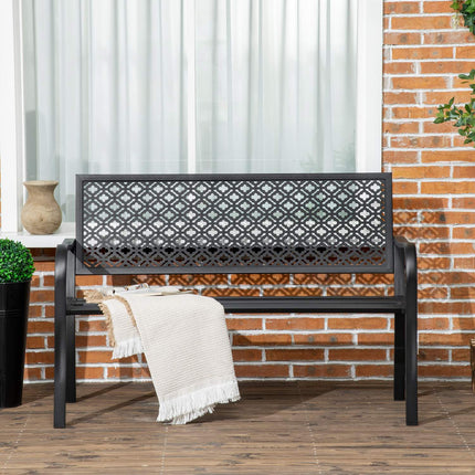 2-seater garden bench in steel with armrests, flower pattern