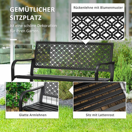 2-seater garden bench in steel with armrests, flower pattern