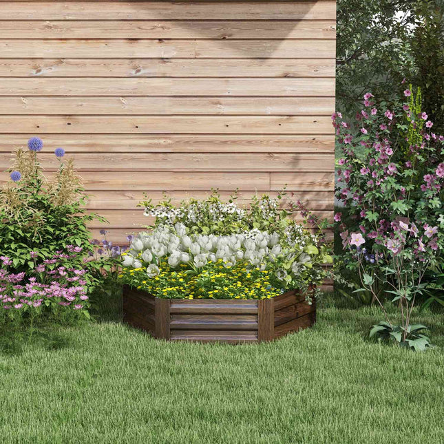 Hexagonal raised garden bed, wood effect, dark brown