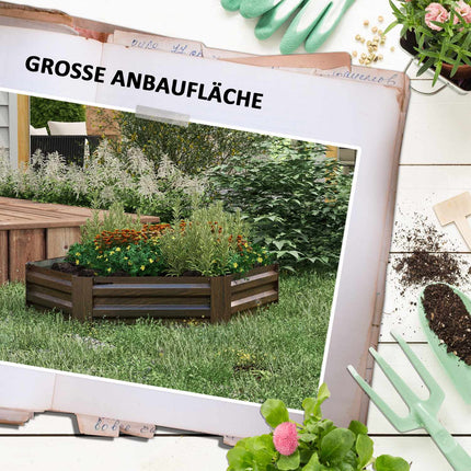 Hexagonal raised garden bed, wood effect, dark brown
