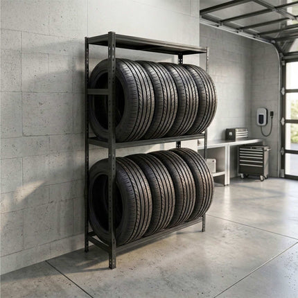 Steel Tyre Rack – Adjustable Shelves, Space-Saving Storage
