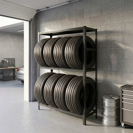 Steel Tyre Rack – Adjustable Shelves, Space-Saving Storage