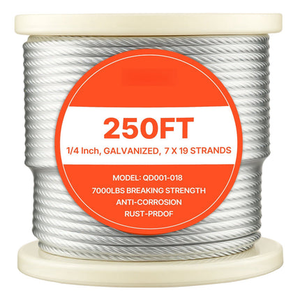 Steel Wire Rope, 1/4 In x 250 Ft, Galvanized, Gloves