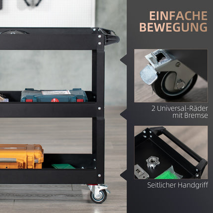 Steel workshop trolley, 3 shelves, wheels, 150 kg Capacity