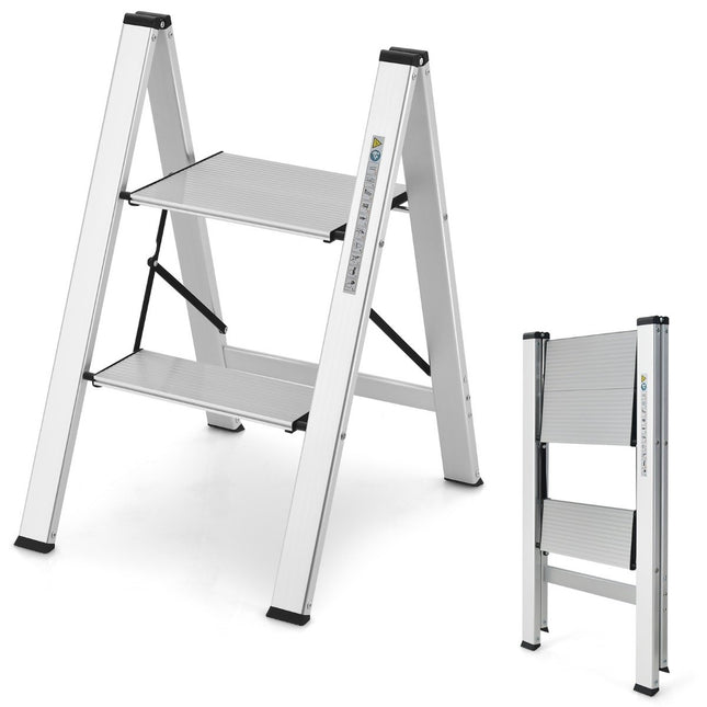 Step ladder 2 steps aluminum folding ladder up to 150 kg silver