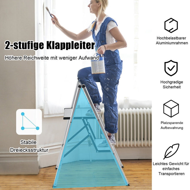 Step ladder 2 steps aluminum folding ladder up to 150 kg silver
