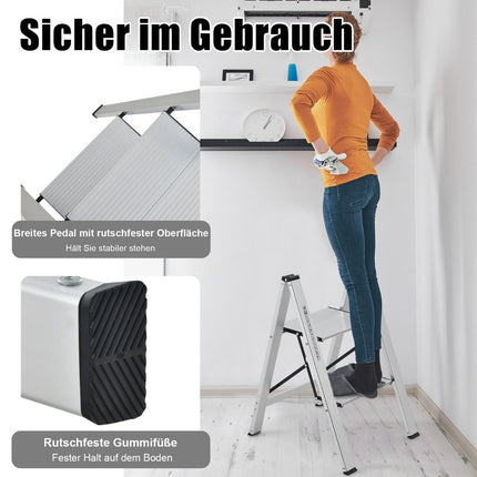 Step ladder 2 steps aluminum folding ladder up to 150 kg silver