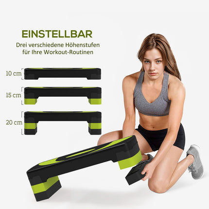 Opstapplank aerobic stepper in hoogte verstelbaar met 3 niveaus (10/15/20 cm) fitness hometrainer voor binnen buiten draagvermogen tot 150 kg groen