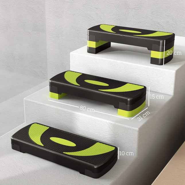 Opstapplank aerobic stepper in hoogte verstelbaar met 3 niveaus (10/15/20 cm) fitness hometrainer voor binnen buiten draagvermogen tot 150 kg groen