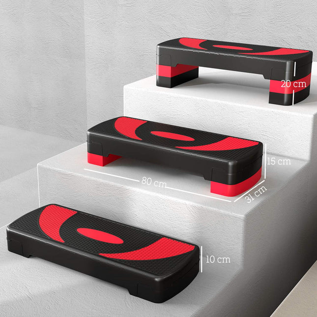 Opstapplank aerobic stepper in hoogte verstelbaar met 3 niveaus (10/15/20 cm) fitness hometrainer voor binnen buiten draagvermogen tot 150 kg rood