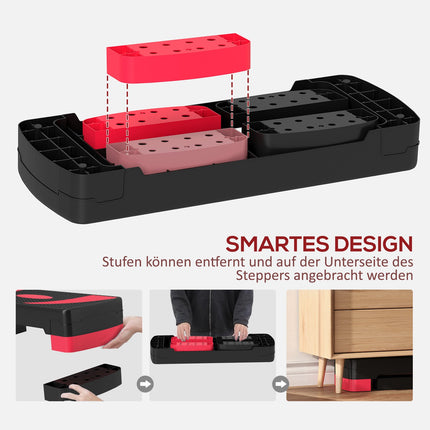 Opstapplank aerobic stepper in hoogte verstelbaar met 3 niveaus (10/15/20 cm) fitness hometrainer voor binnen buiten draagvermogen tot 150 kg rood
