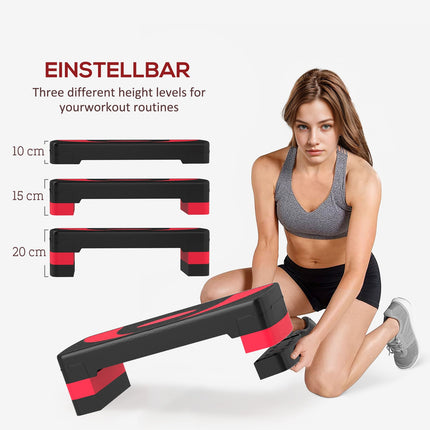 Opstapplank aerobic stepper in hoogte verstelbaar met 3 niveaus (10/15/20 cm) fitness hometrainer voor binnen buiten draagvermogen tot 150 kg rood