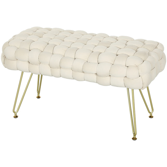 Velvet covered footstool with metal legs, cream white