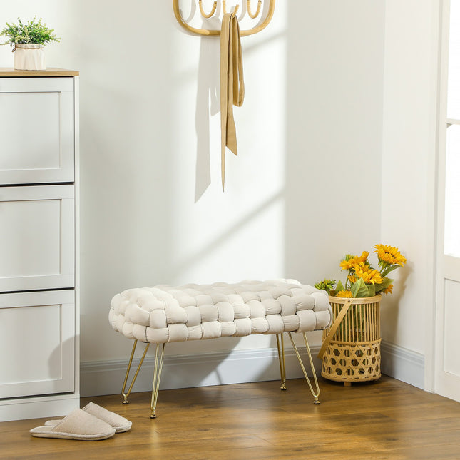 Velvet covered footstool with metal legs, cream white