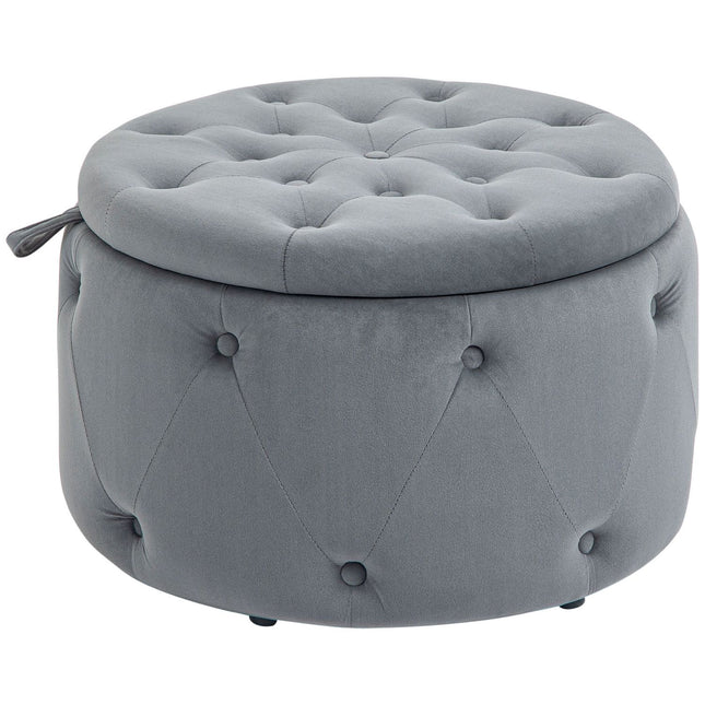 Kruk Met Opbergruimte, Gestoffeerde Kruk Opbergdoos Met Deksel, Ronde Poef, Zitkist Met Fluwelen Look, Grijs, Ø60 X 40 Cm