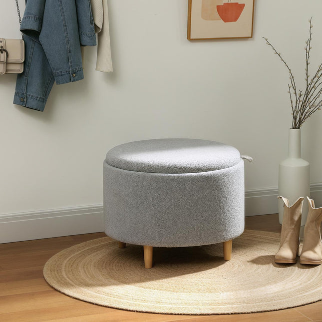 Kruk gestoffeerde kruk, teddy fleece, verborgen opbergruimte, omkeerbaar deksel, 56 cm x 56 cm x 42 cm, grijs