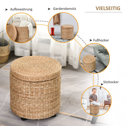 Footstool with storage, removable lid, straw rattan, khaki